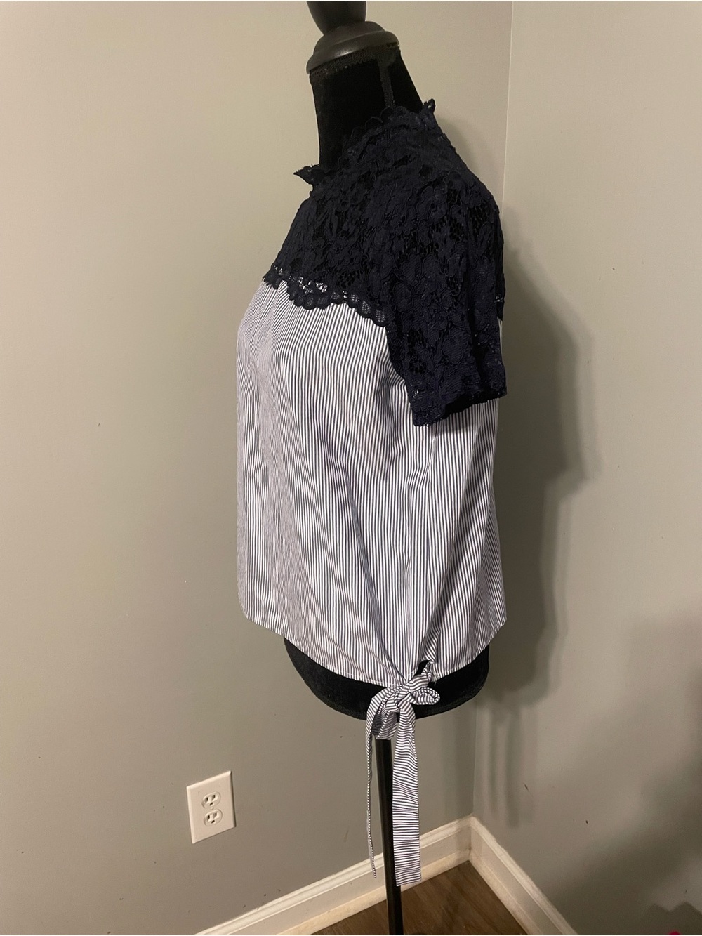Zara Navy Lace Yoke Striped Tie-Side Blouse - Picture 2 of 4